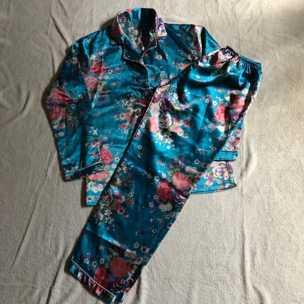 2 pc set sleepwear pajamas teal blue floral loungewear - Picture 6 of 6